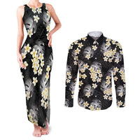 Black Tropical Hawaii Couples Matching Tank Maxi Dress and Long Sleeve Button Shirt Seamless Monstera Plumeria Hawaiian Pattern - Polynesian Pride
