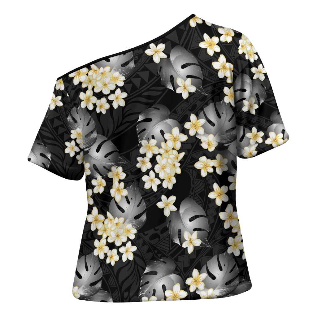 Black Tropical Hawaii Cross Shoulder Shirt Seamless Monstera Plumeria Hawaiian Pattern LT14 - Polynesian Pride