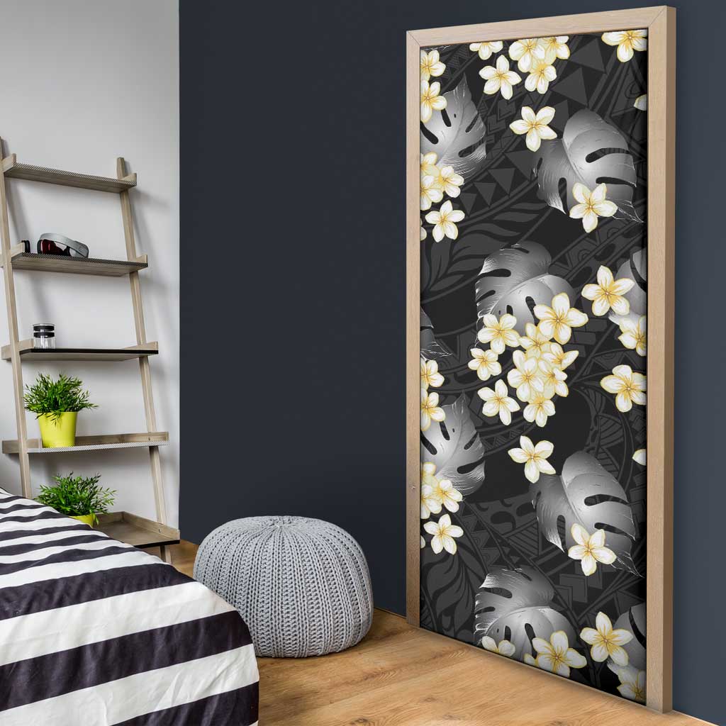 Black Tropical Hawaii Door Cover Seamless Monstera Plumeria Hawaiian Pattern - Polynesian Pride