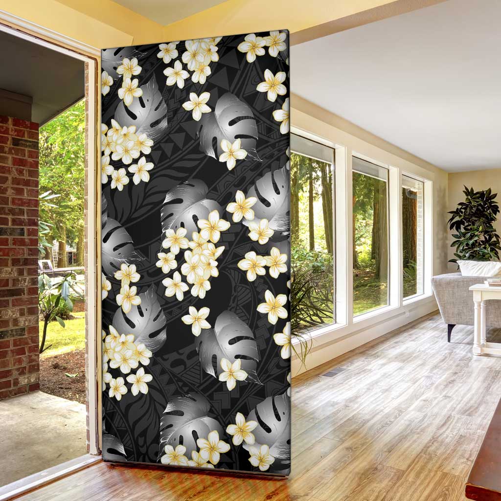 Black Tropical Hawaii Door Cover Seamless Monstera Plumeria Hawaiian Pattern - Polynesian Pride