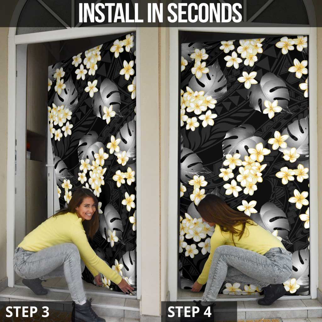 Black Tropical Hawaii Door Cover Seamless Monstera Plumeria Hawaiian Pattern - Polynesian Pride
