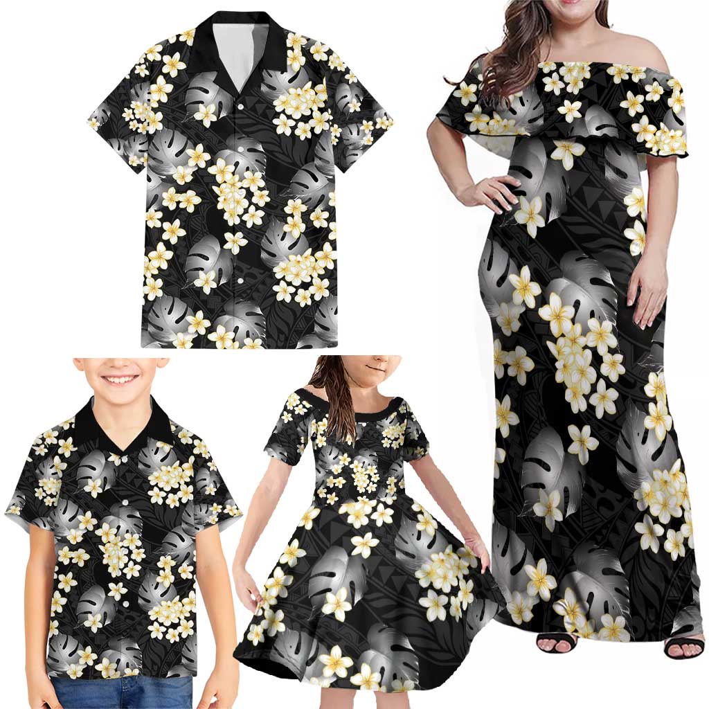 Black Tropical Hawaii Family Matching Off Shoulder Maxi Dress and Hawaiian Shirt Seamless Monstera Plumeria Hawaiian Pattern - Polynesian Pride