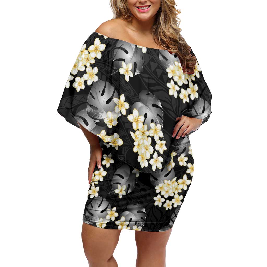 Black Tropical Hawaii Family Matching Off Shoulder Short Dress and Hawaiian Shirt Seamless Monstera Plumeria Hawaiian Pattern - Polynesian Pride