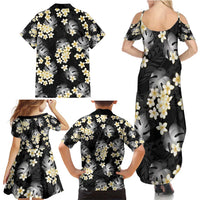 Black Tropical Hawaii Family Matching Summer Maxi Dress and Hawaiian Shirt Seamless Monstera Plumeria Hawaiian Pattern - Polynesian Pride