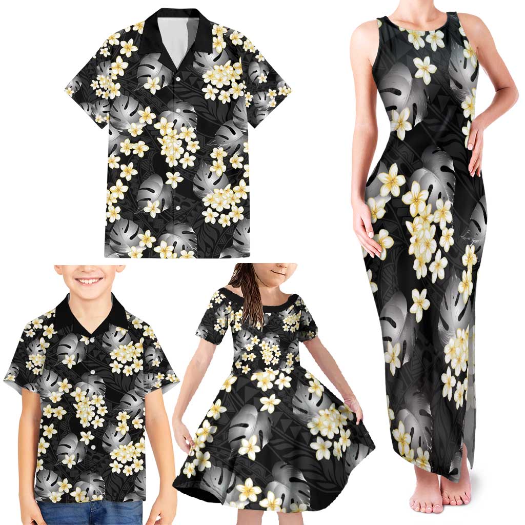 Black Tropical Hawaii Family Matching Tank Maxi Dress and Hawaiian Shirt Seamless Monstera Plumeria Hawaiian Pattern - Polynesian Pride