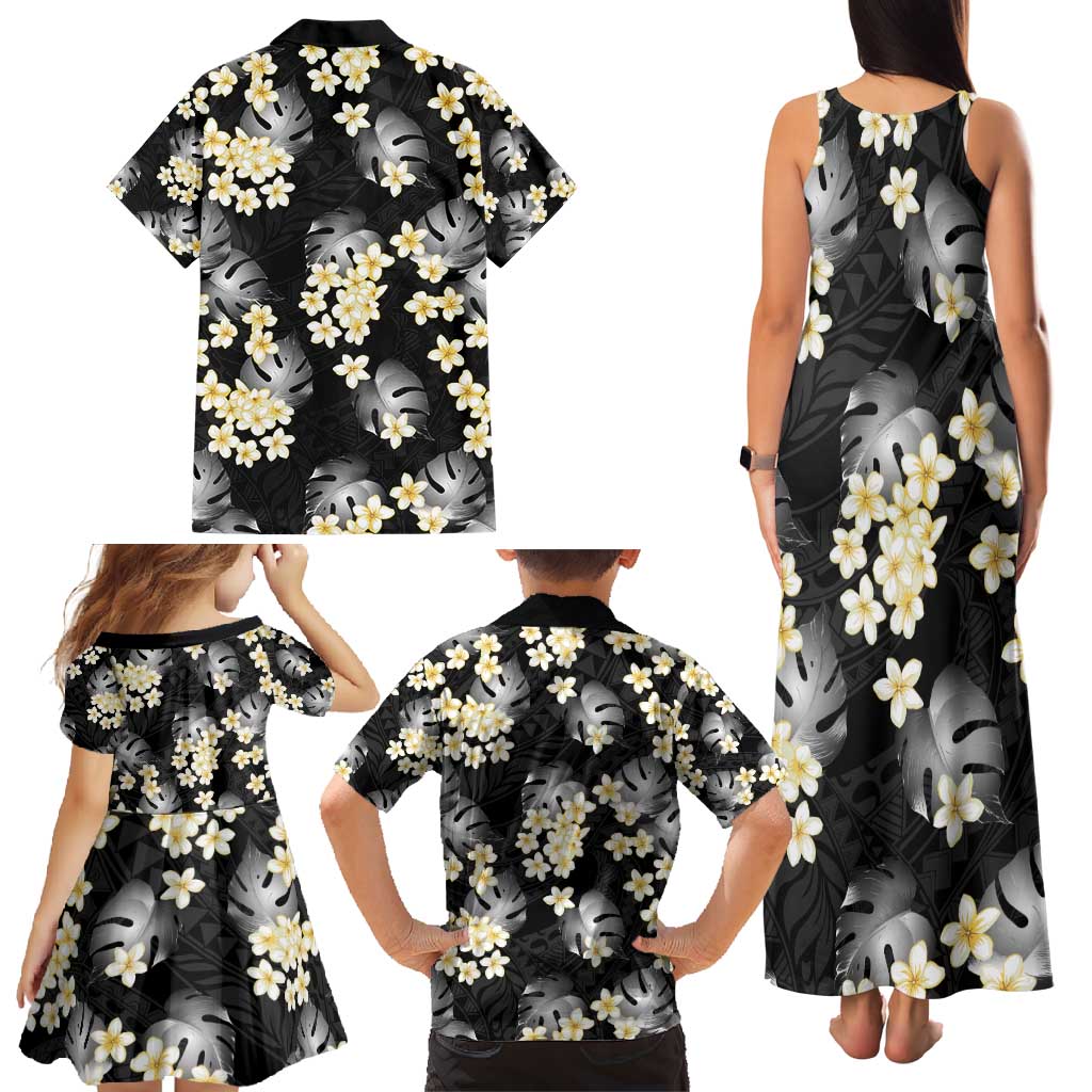 Black Tropical Hawaii Family Matching Tank Maxi Dress and Hawaiian Shirt Seamless Monstera Plumeria Hawaiian Pattern - Polynesian Pride