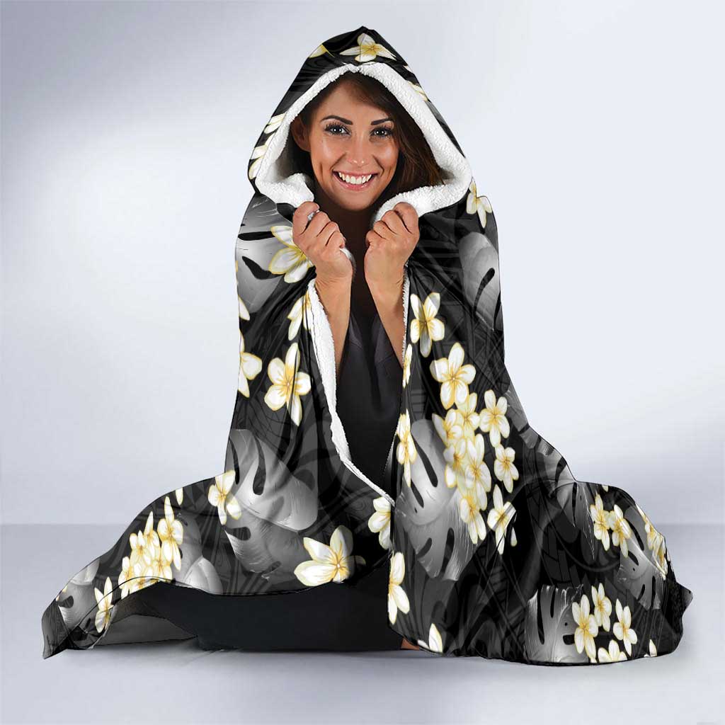Black Tropical Hawaii Hooded Blanket Seamless Monstera Plumeria Hawaiian Pattern - Polynesian Pride