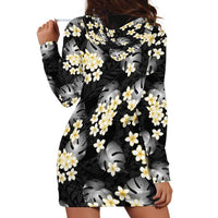 Black Tropical Hawaii Hoodie Dress Seamless Monstera Plumeria Hawaiian Pattern - Polynesian Pride