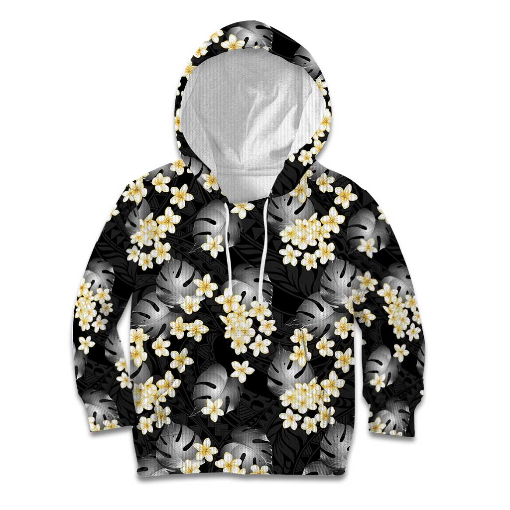 Black Tropical Hawaii Kid Hoodie Seamless Monstera Plumeria Hawaiian Pattern - Polynesian Pride