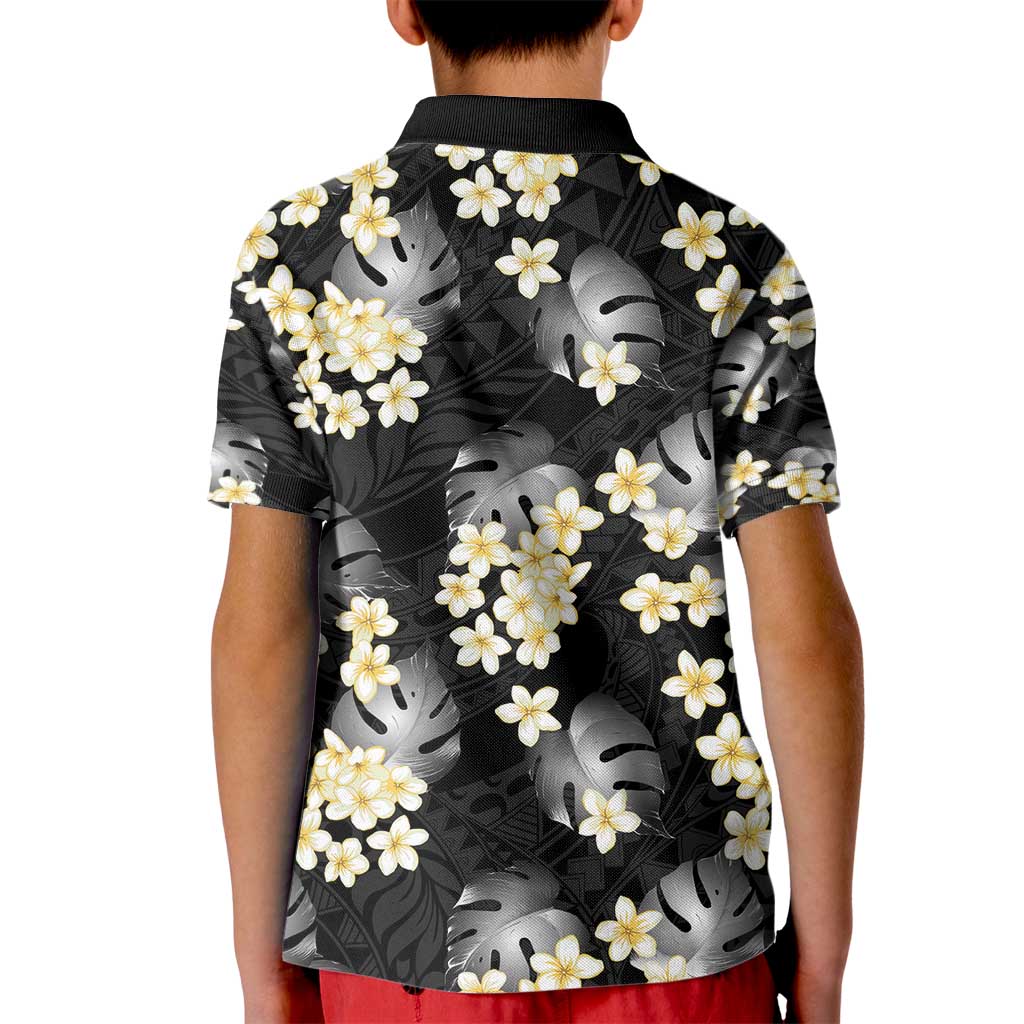 Black Tropical Hawaii Kid Polo Shirt Seamless Monstera Plumeria Hawaiian Pattern - Polynesian Pride