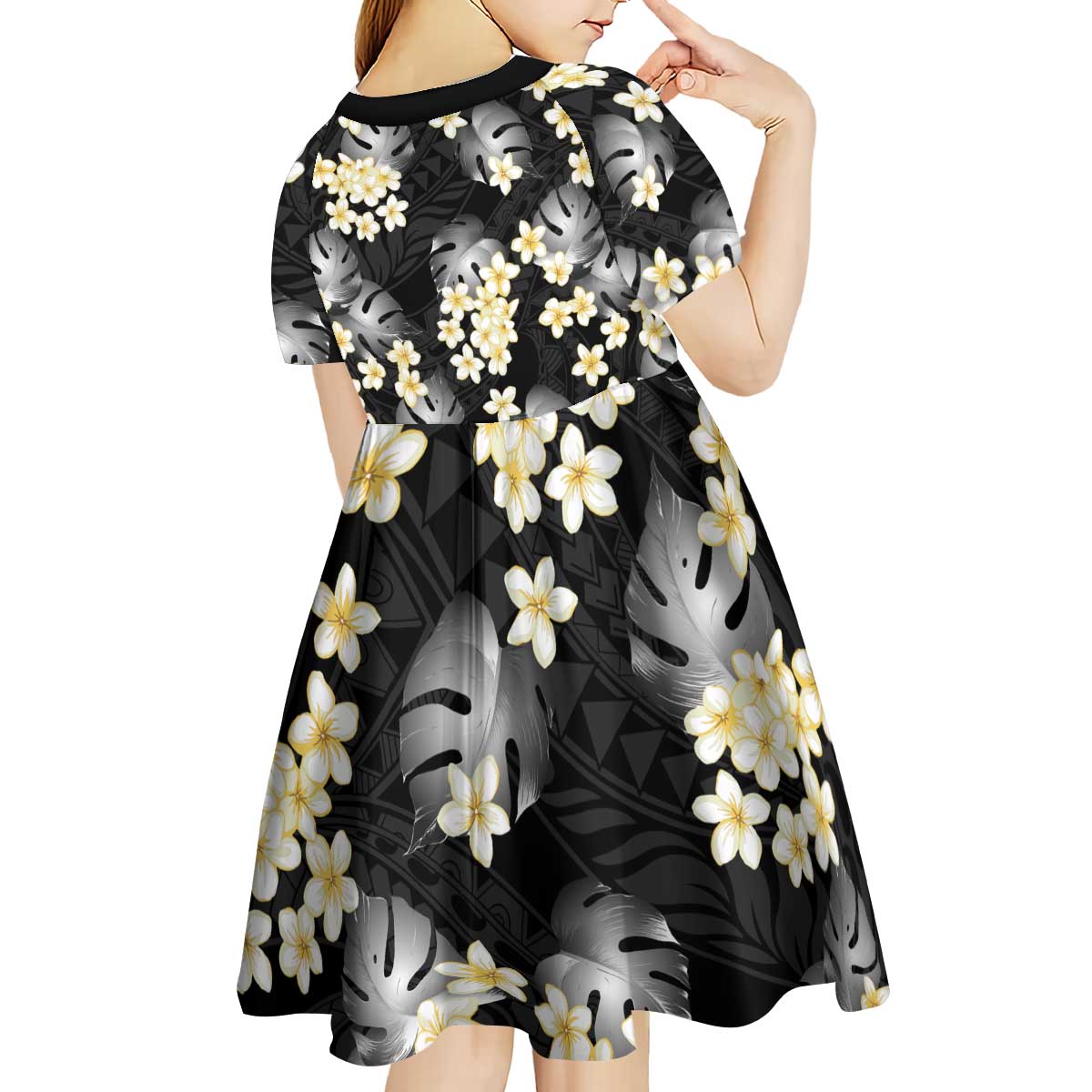 Black Tropical Hawaii Kid Short Sleeve Dress Seamless Monstera Plumeria Hawaiian Pattern - Polynesian Pride