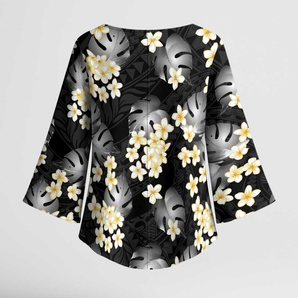 Black Tropical Hawaii Kimono Sleeve Blouse Seamless Monstera Plumeria Hawaiian Pattern - Polynesian Pride