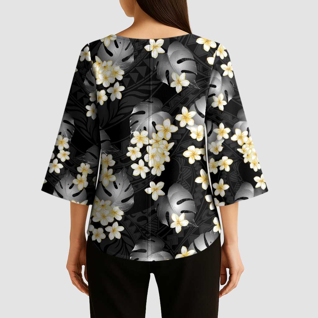 Black Tropical Hawaii Kimono Sleeve Blouse Seamless Monstera Plumeria Hawaiian Pattern - Polynesian Pride