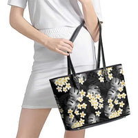 Black Tropical Hawaii Leather Tote Bag Seamless Monstera Plumeria Hawaiian Pattern - Polynesian Pride
