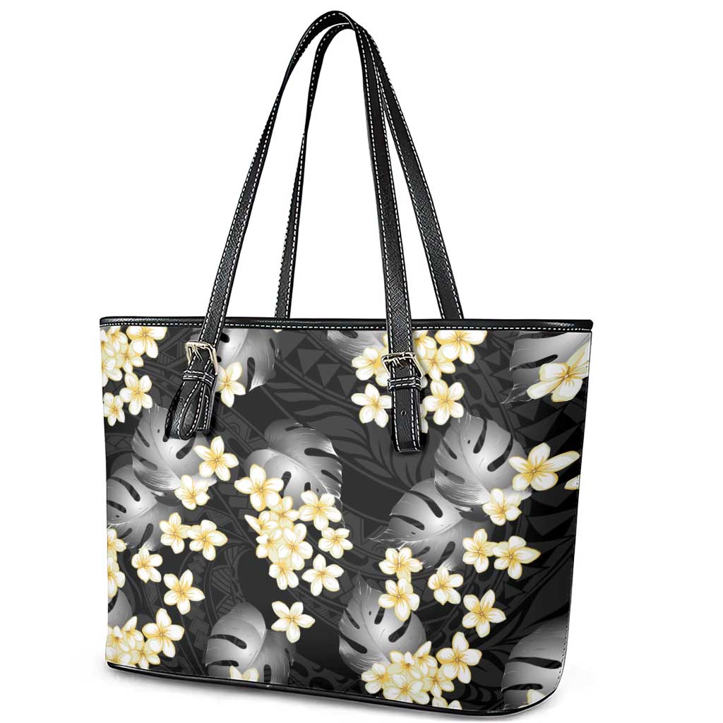 Black Tropical Hawaii Leather Tote Bag Seamless Monstera Plumeria Hawaiian Pattern - Polynesian Pride