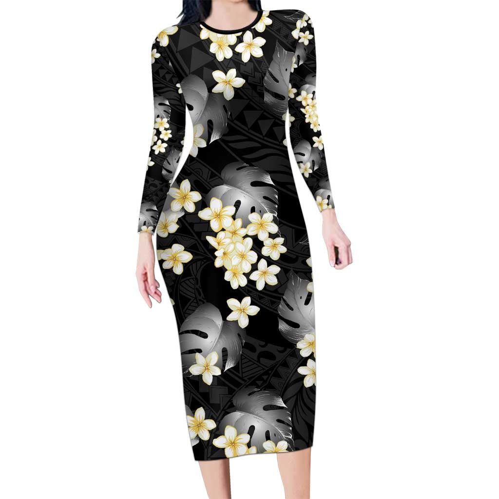 Black Tropical Hawaii Long Sleeve Bodycon Dress Seamless Monstera Plumeria Hawaiian Pattern - Polynesian Pride