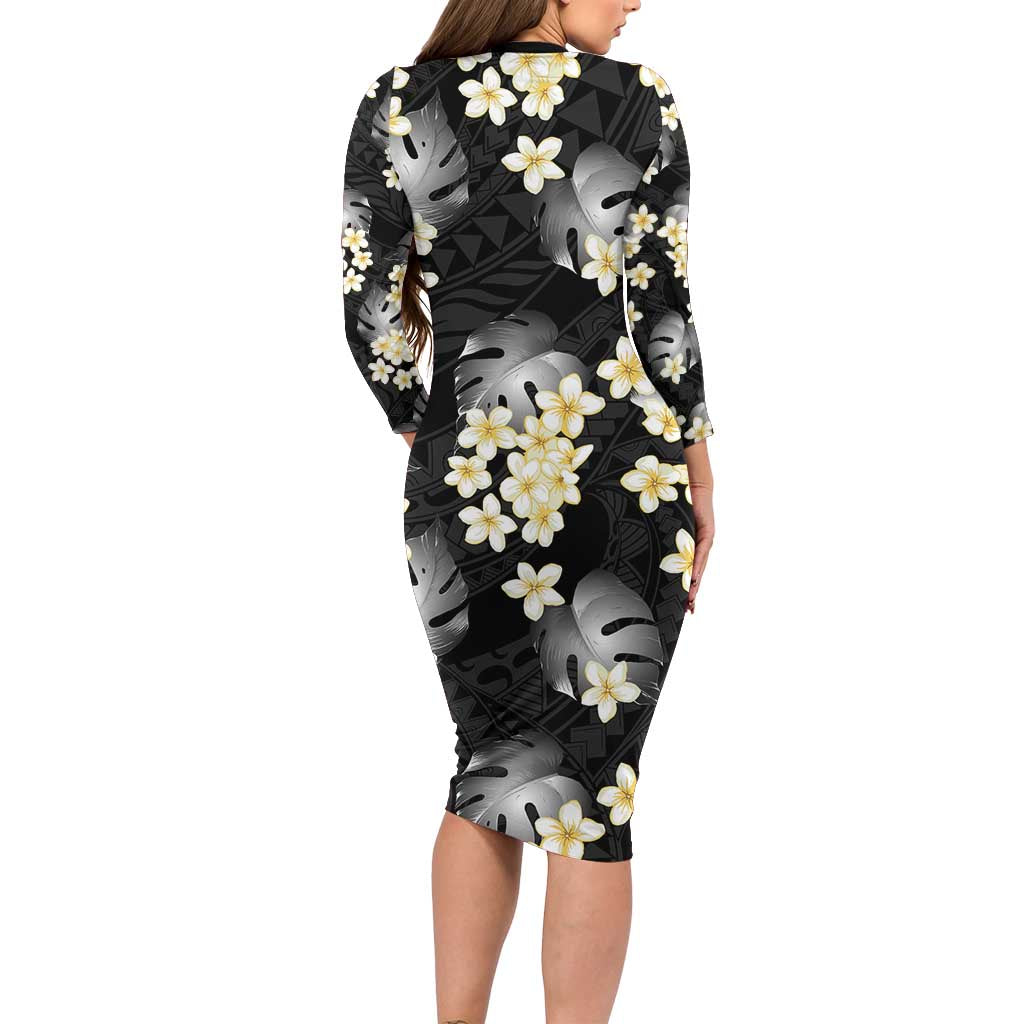 Black Tropical Hawaii Long Sleeve Bodycon Dress Seamless Monstera Plumeria Hawaiian Pattern - Polynesian Pride