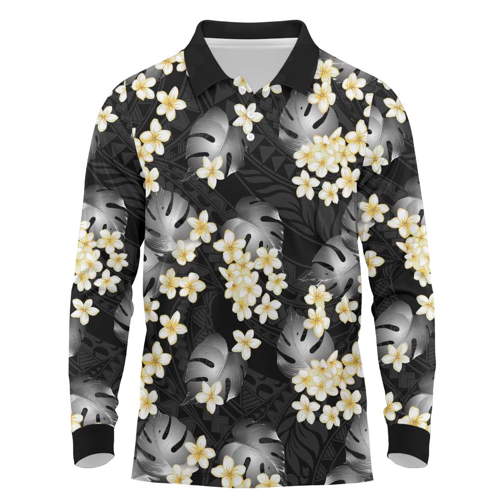 Black Tropical Hawaii Long Sleeve Polo Shirt Seamless Monstera Plumeria Hawaiian Pattern - Polynesian Pride