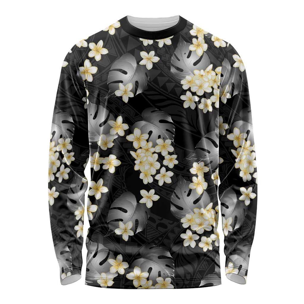 Black Tropical Hawaii Long Sleeve Shirt Seamless Monstera Plumeria Hawaiian Pattern - Polynesian Pride