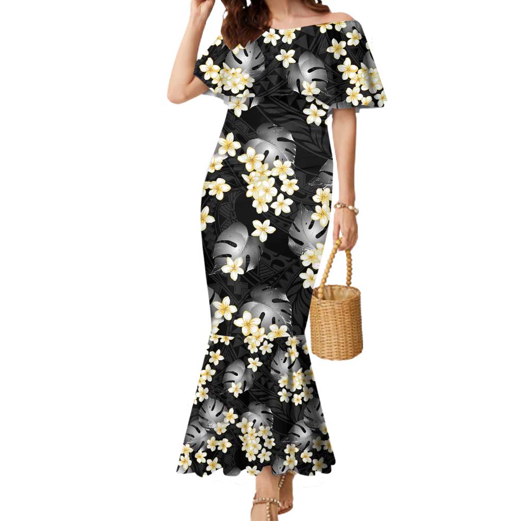 Black Tropical Hawaii Mermaid Dress Seamless Monstera Plumeria Hawaiian Pattern - Polynesian Pride