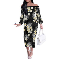 Black Tropical Hawaii Off The Shoulder Long Sleeve Dress Seamless Monstera Plumeria Hawaiian Pattern - Polynesian Pride