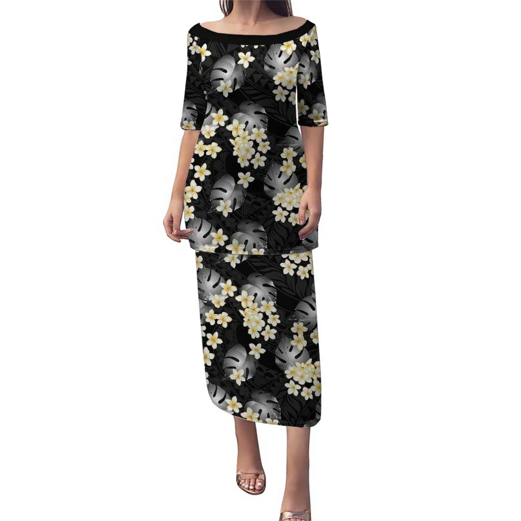 Black Tropical Hawaii Puletasi Seamless Monstera Plumeria Hawaiian Pattern - Polynesian Pride