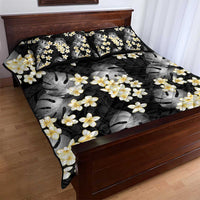 Black Tropical Hawaii Quilt Bed Set Seamless Monstera Plumeria Hawaiian Pattern - Polynesian Pride