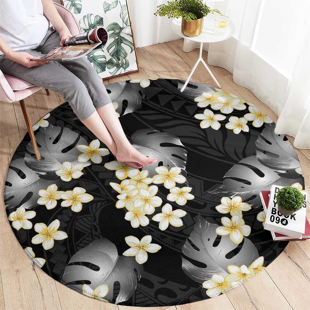 Black Tropical Hawaii Round Carpet Seamless Monstera Plumeria Hawaiian Pattern - Polynesian Pride