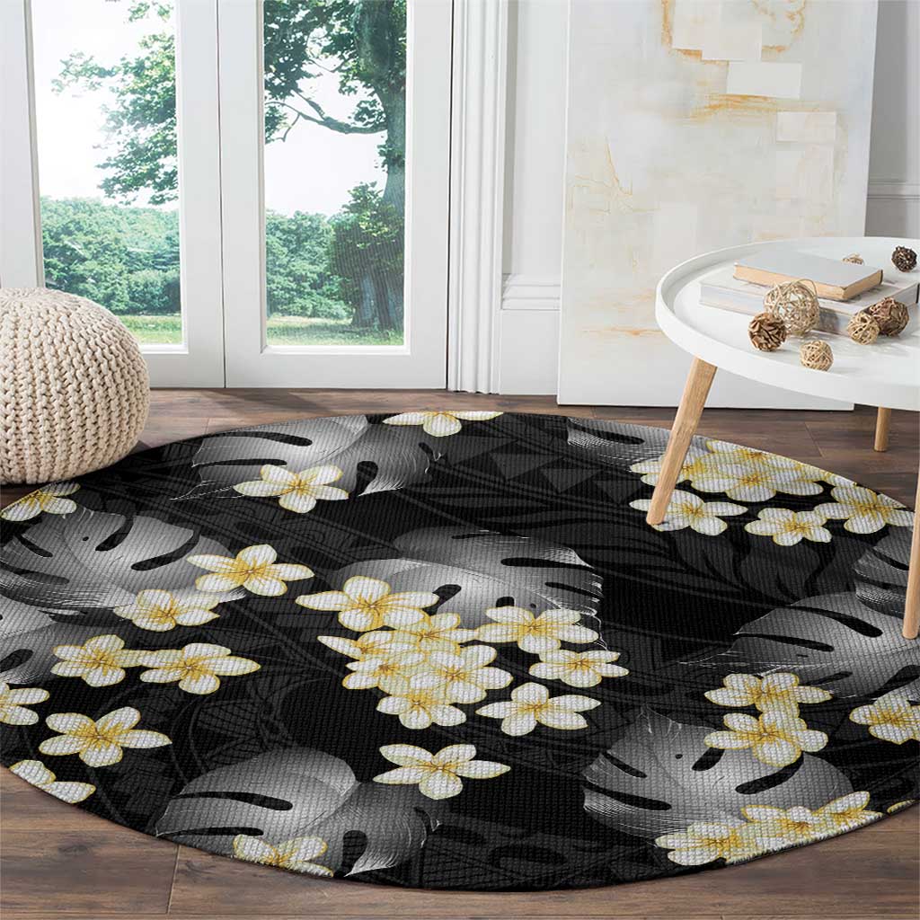 Black Tropical Hawaii Round Carpet Seamless Monstera Plumeria Hawaiian Pattern - Polynesian Pride