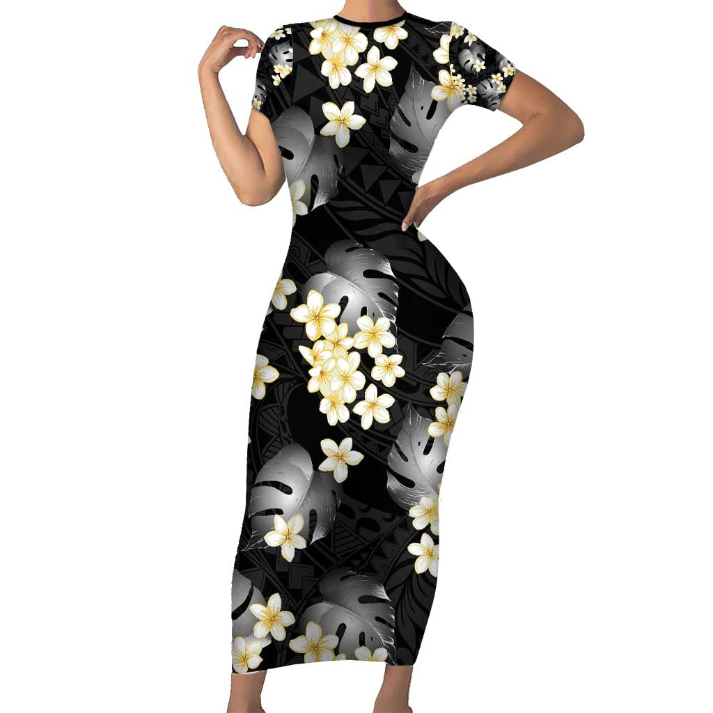 Black Tropical Hawaii Short Sleeve Bodycon Dress Seamless Monstera Plumeria Hawaiian Pattern - Polynesian Pride