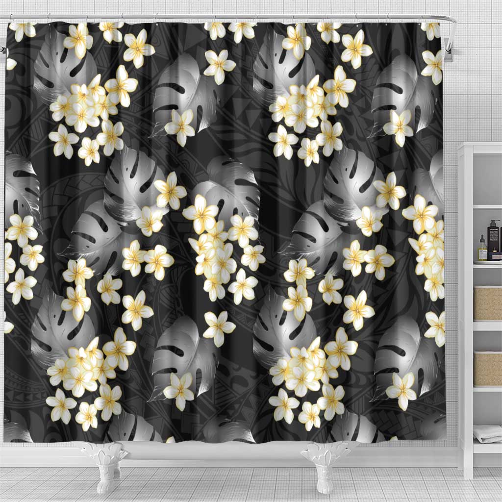 Black Tropical Hawaii Shower Curtain Seamless Monstera Plumeria Hawaiian Pattern - Polynesian Pride