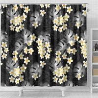 Black Tropical Hawaii Shower Curtain Seamless Monstera Plumeria Hawaiian Pattern - Polynesian Pride
