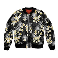 Black Tropical Hawaii Sleeve Zip Bomber Jacket Seamless Monstera Plumeria Hawaiian Pattern - Polynesian Pride