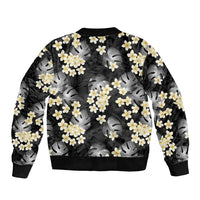 Black Tropical Hawaii Sleeve Zip Bomber Jacket Seamless Monstera Plumeria Hawaiian Pattern - Polynesian Pride
