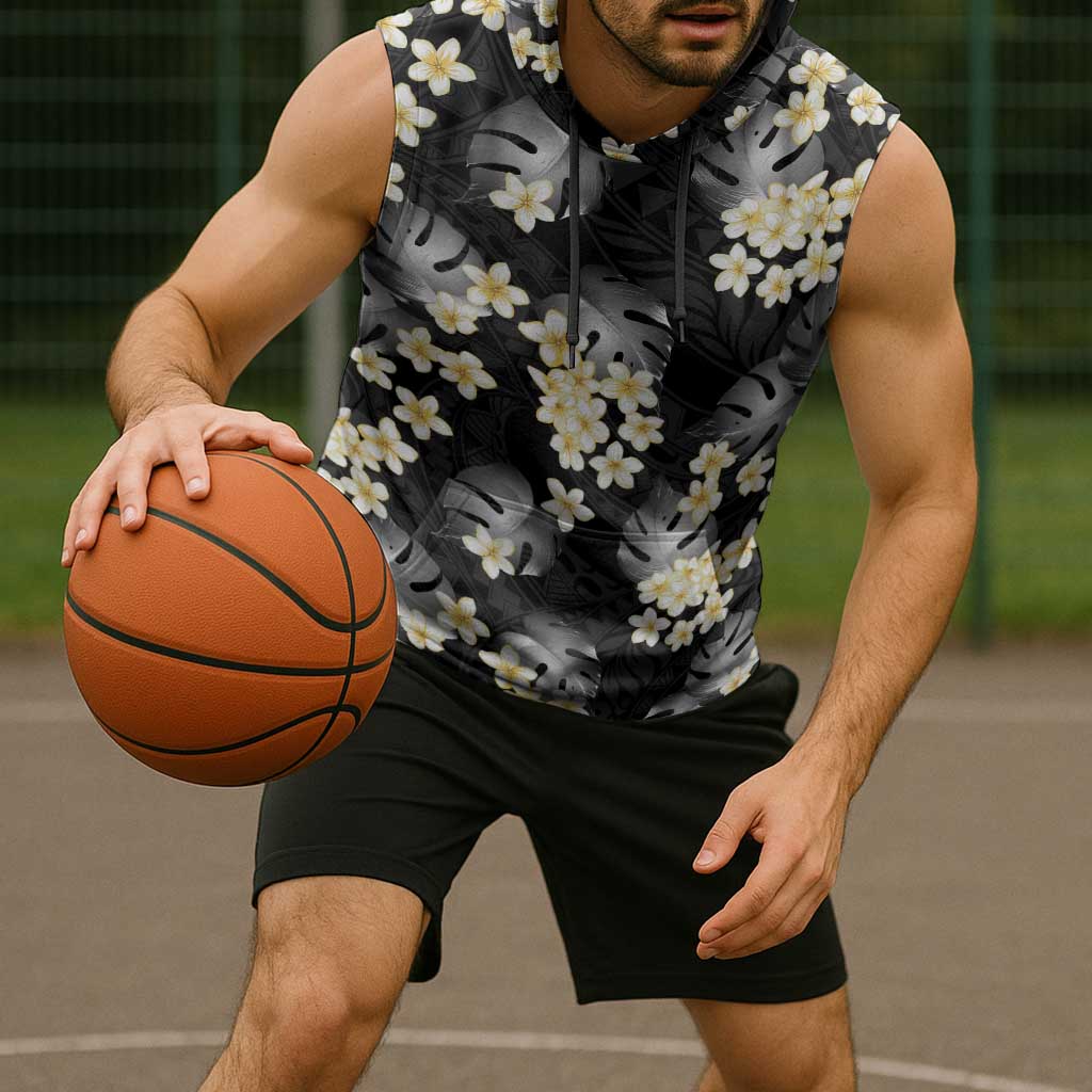 Black Tropical Hawaii Sleeveless Hoodie Seamless Monstera Plumeria Hawaiian Pattern - Polynesian Pride