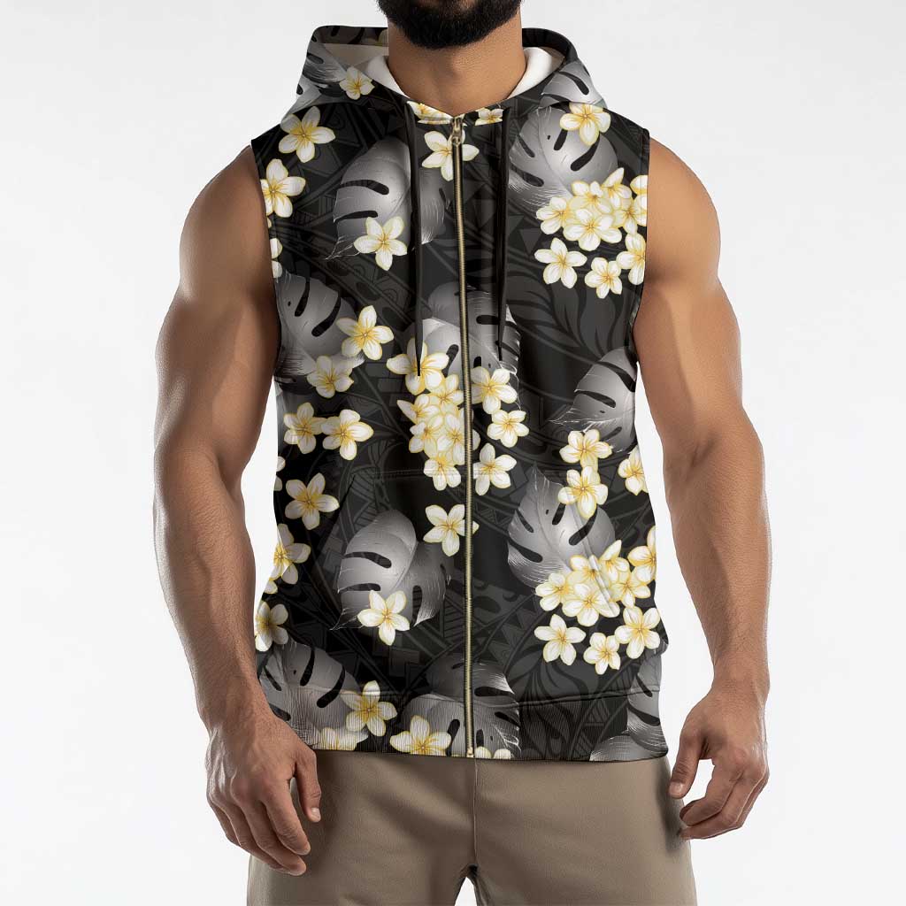 Black Tropical Hawaii Sleeveless Zip Hoodie Seamless Monstera Plumeria Hawaiian Pattern - Polynesian Pride