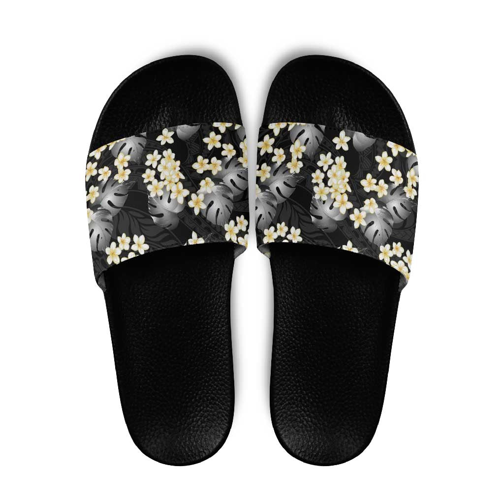 Black Tropical Hawaii Slide Sandals Seamless Monstera Plumeria Hawaiian Pattern - Polynesian Pride