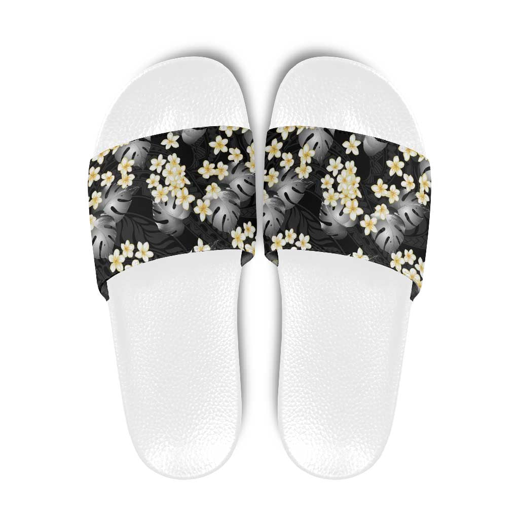 Black Tropical Hawaii Slide Sandals Seamless Monstera Plumeria Hawaiian Pattern - Polynesian Pride