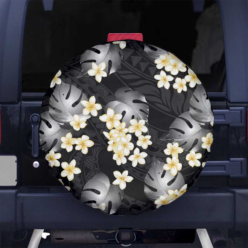Black Tropical Hawaii Spare Tire Cover Seamless Monstera Plumeria Hawaiian Pattern - Polynesian Pride