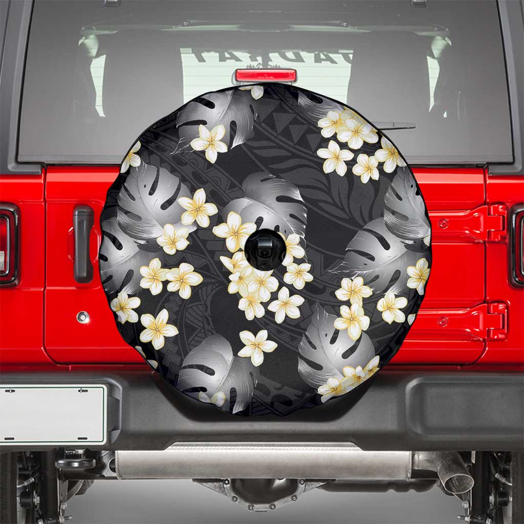Black Tropical Hawaii Spare Tire Cover Seamless Monstera Plumeria Hawaiian Pattern - Polynesian Pride