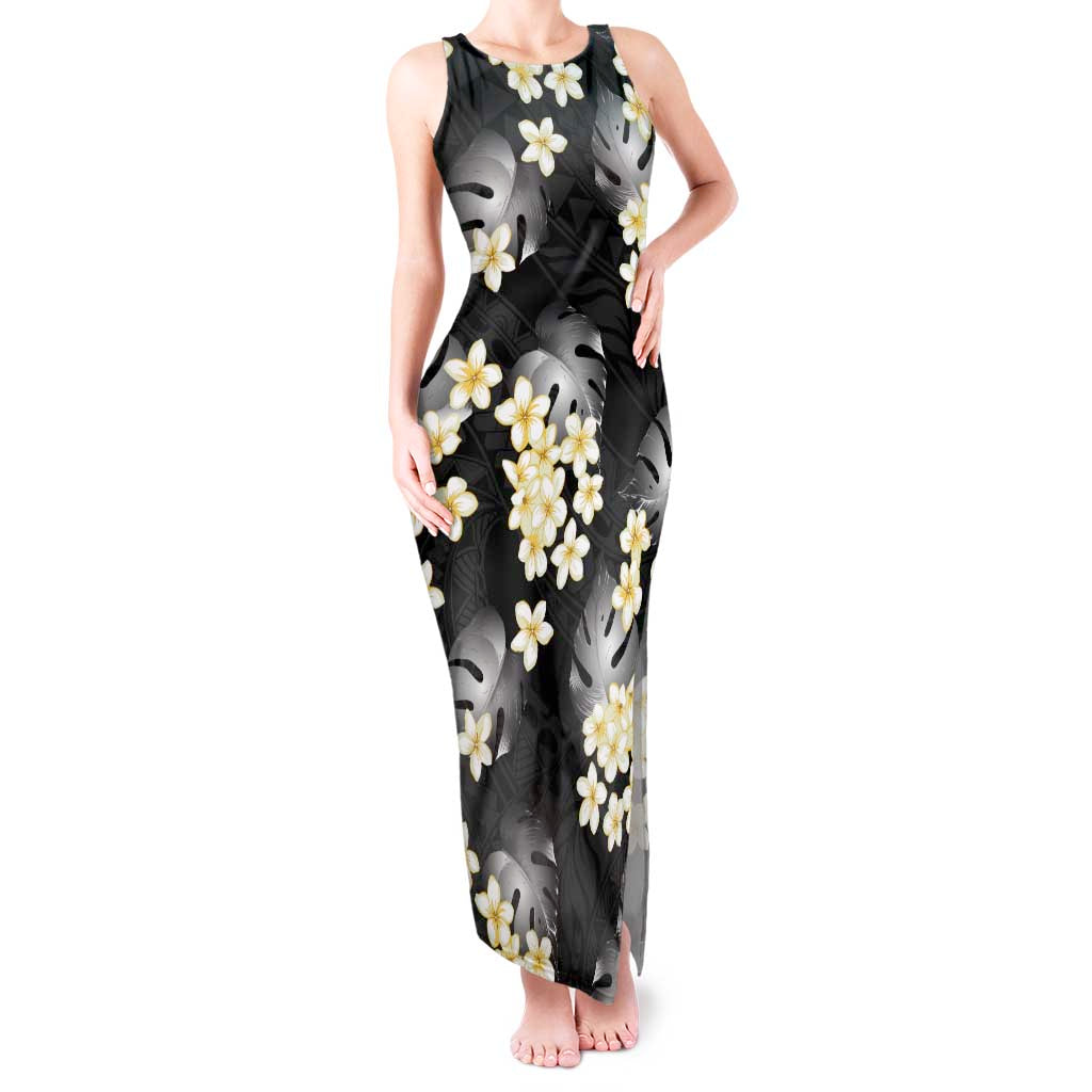 Black Tropical Hawaii Tank Maxi Dress Seamless Monstera Plumeria Hawaiian Pattern - Polynesian Pride