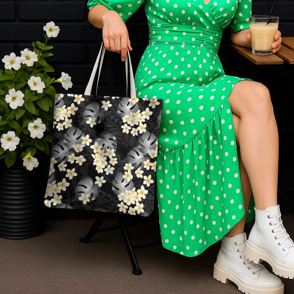 Black Tropical Hawaii Tote Bag Seamless Monstera Plumeria Hawaiian Pattern - Polynesian Pride