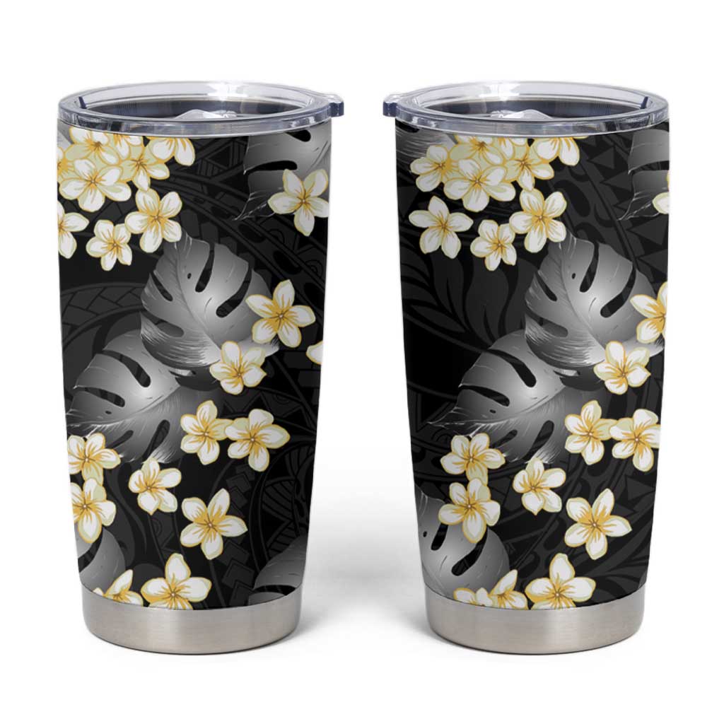 Black Tropical Hawaii Tumbler Cup Seamless Monstera Plumeria Hawaiian Pattern - Polynesian Pride