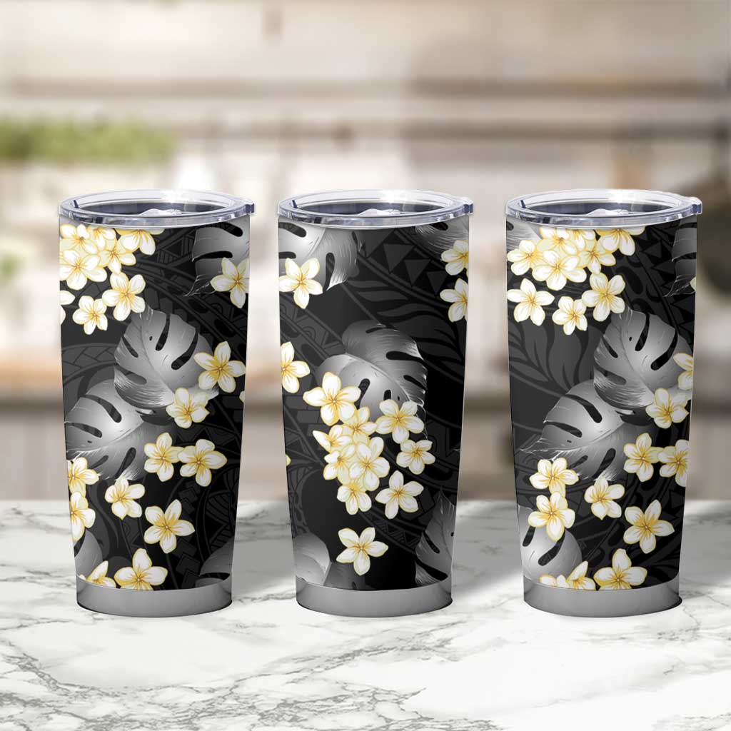 Black Tropical Hawaii Tumbler Cup Seamless Monstera Plumeria Hawaiian Pattern - Polynesian Pride