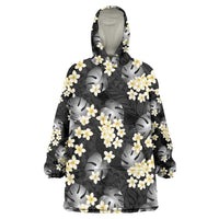 Black Tropical Hawaii Wearable Blanket Hoodie Seamless Monstera Plumeria Hawaiian Pattern - Polynesian Pride