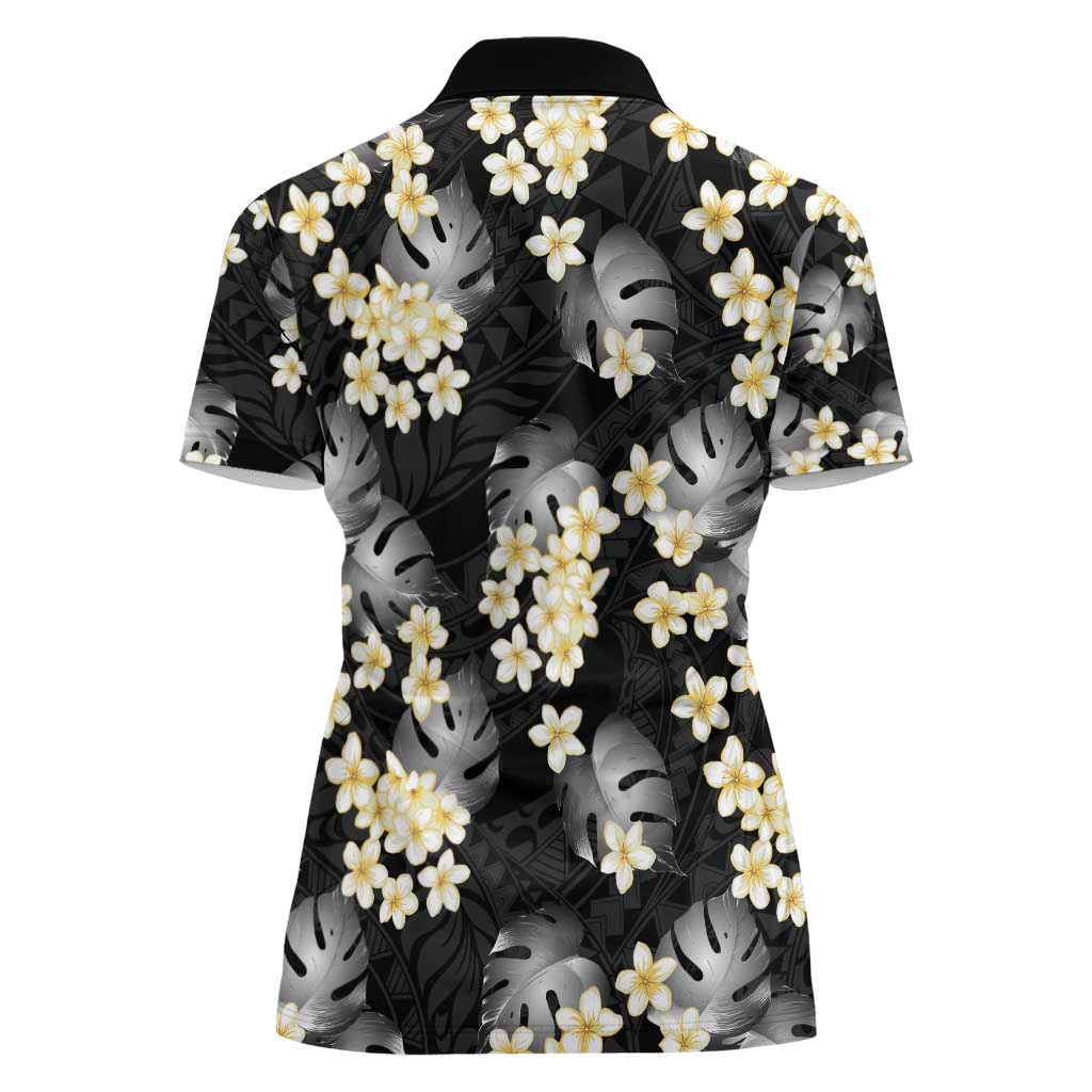 Black Tropical Hawaii Women Polo Shirt Seamless Monstera Plumeria Hawaiian Pattern - Polynesian Pride