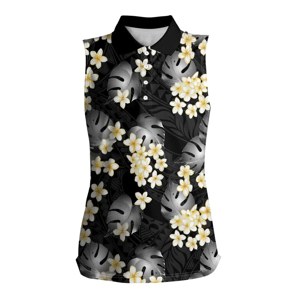 Black Tropical Hawaii Women Sleeveless Polo Shirt Seamless Monstera Plumeria Hawaiian Pattern - Polynesian Pride