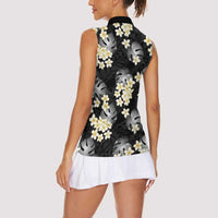 Black Tropical Hawaii Women Sleeveless Polo Shirt Seamless Monstera Plumeria Hawaiian Pattern - Polynesian Pride
