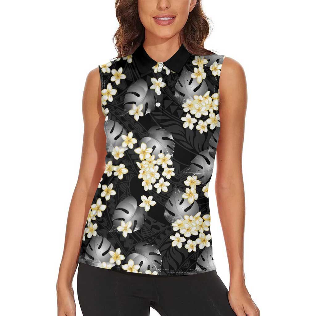 Black Tropical Hawaii Women Sleeveless Polo Shirt Seamless Monstera Plumeria Hawaiian Pattern - Polynesian Pride