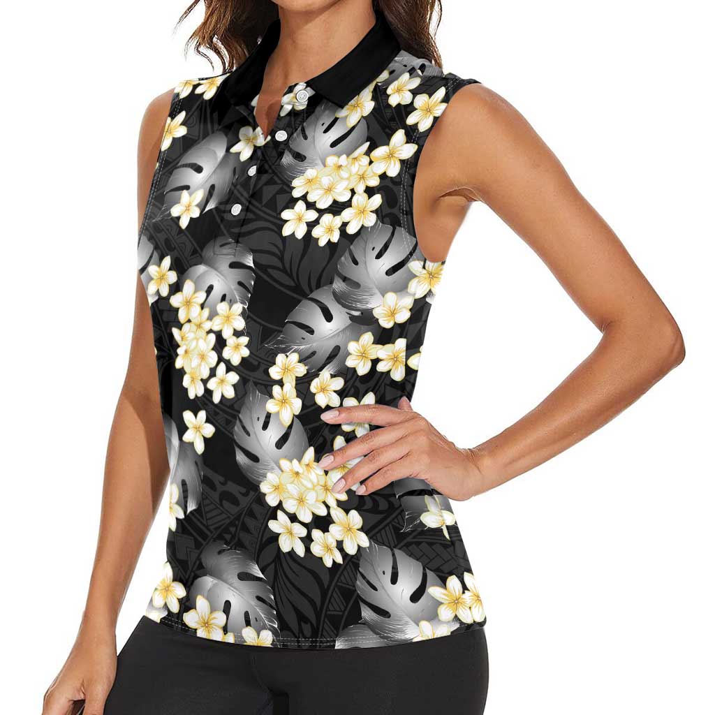 Black Tropical Hawaii Women Sleeveless Polo Shirt Seamless Monstera Plumeria Hawaiian Pattern - Polynesian Pride